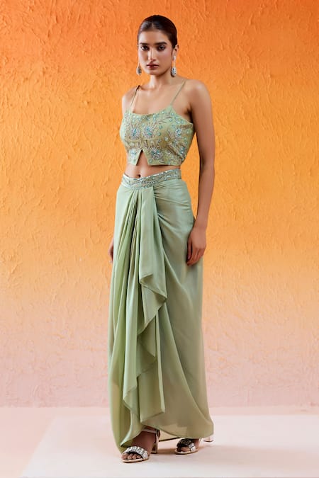 Buy Redpine Designs Green Crepe, Organza Embroidery Round Neck Crush Draped Skirt With Cape Set Online at Aza Fashions Buy_Redpine Designs_Green Crepe, Organza Embroidery Round Neck Crush Draped Skirt With Cape Set _Online_at_Aza_Fashions