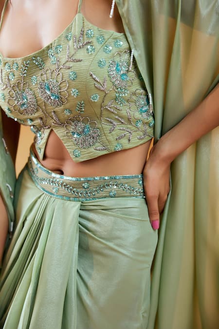 Shop Redpine Designs Green Crepe, Organza Embroidery Round Neck Crush Draped Skirt With Cape Set Online at Aza Fashions Shop_Redpine Designs_Green Crepe, Organza Embroidery Round Neck Crush Draped Skirt With Cape Set _Online_at_Aza_Fashions