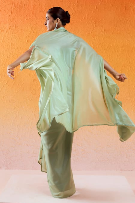 Redpine Designs Green Crepe, Organza Embroidery Round Neck Crush Draped Skirt With Cape Set Online at Aza Fashions Redpine Designs_Green Crepe, Organza Embroidery Round Neck Crush Draped Skirt With Cape Set _Online_at_Aza_Fashions