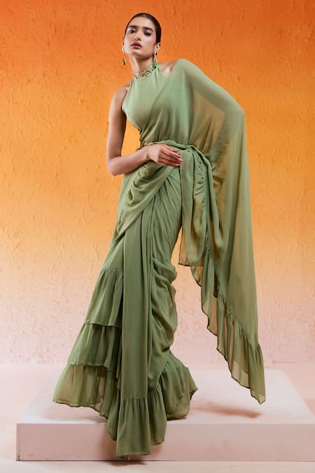 Buy Redpine Designs Green Viscose, Georgette, Crepe, Organza Pre-draped Ruffle Saree And Blouse Set Online at Aza Fashions Buy_Redpine Designs_Green Viscose, Georgette, Crepe, Organza Pre-draped Ruffle Saree And Blouse Set _Online_at_Aza_Fashions