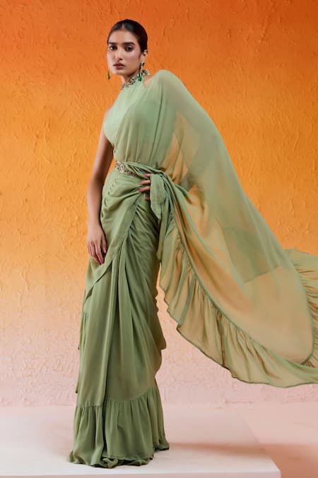 Shop Redpine Designs Green Viscose, Georgette, Crepe, Organza Pre-draped Ruffle Saree And Blouse Set Online at Aza Fashions Shop_Redpine Designs_Green Viscose, Georgette, Crepe, Organza Pre-draped Ruffle Saree And Blouse Set _Online_at_Aza_Fashions