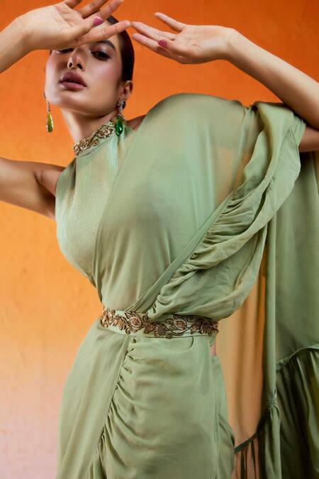 Buy Redpine Designs Green Viscose, Georgette, Crepe, Organza Pre-draped Ruffle Saree And Blouse Set Buy_Redpine Designs_Green Viscose, Georgette, Crepe, Organza Pre-draped Ruffle Saree And Blouse Set