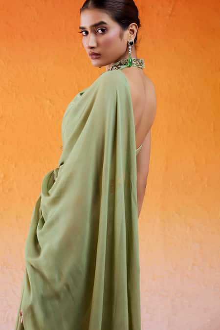 Shop Redpine Designs Green Viscose, Georgette, Crepe, Organza Pre-draped Ruffle Saree And Blouse Set Shop_Redpine Designs_Green Viscose, Georgette, Crepe, Organza Pre-draped Ruffle Saree And Blouse Set