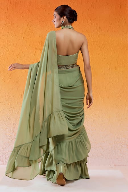 Redpine Designs Green Viscose, Georgette, Crepe, Organza Pre-draped Ruffle Saree And Blouse Set Online at Aza Fashions Redpine Designs_Green Viscose, Georgette, Crepe, Organza Pre-draped Ruffle Saree And Blouse Set _Online_at_Aza_Fashions