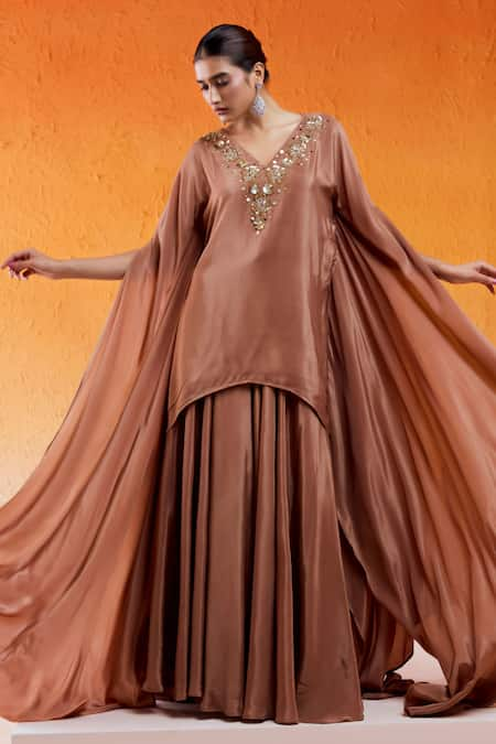 Redpine Designs Brown Viscose Natural Crepe Hand Embroidered Cutdana V-neck Kurta And Sharara Set 