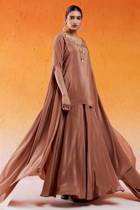 Shop Redpine Designs Brown Crepe, Viscose Cut Work, Sequins Hand Embroidered Kurta And Sharara Set Online at Aza Fashions Shop_Redpine Designs_Brown Crepe, Viscose Cut Work, Sequins Hand Embroidered Kurta And Sharara Set _Online_at_Aza_Fashions