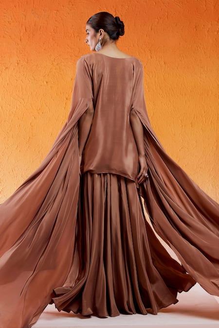 Redpine Designs Brown Crepe, Viscose Cut Work, Sequins Hand Embroidered Kurta And Sharara Set Online at Aza Fashions Redpine Designs_Brown Crepe, Viscose Cut Work, Sequins Hand Embroidered Kurta And Sharara Set _Online_at_Aza_Fashions