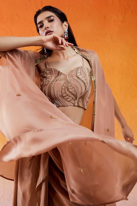 Shop_Redpine Designs_Brown Viscose, Organza, Crepe Sequins Hand Embroidered Drape Skirt Set With Cape _Online_at_Aza_Fashions