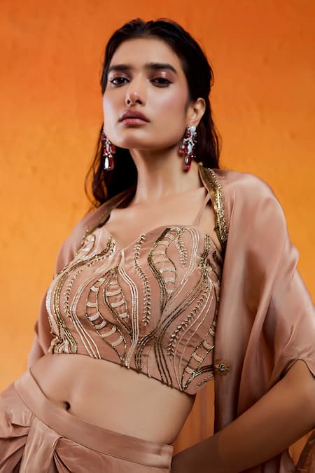 Redpine Designs_Brown Viscose, Organza, Crepe Sequins Hand Embroidered Drape Skirt Set With Cape _at_Aza_Fashions