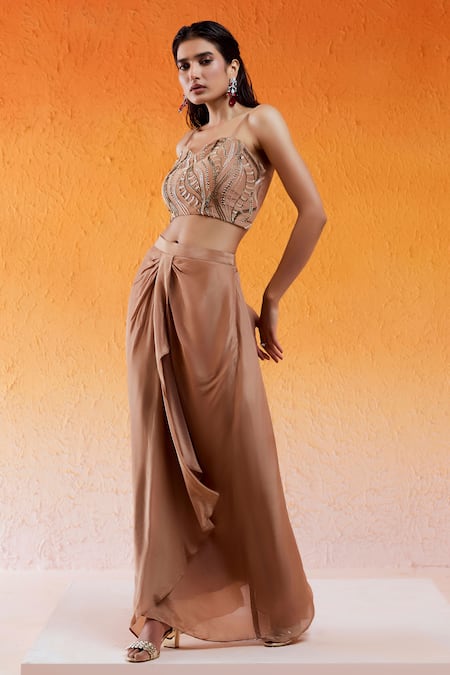 Redpine Designs_Brown Viscose, Organza, Crepe Sequins Hand Embroidered Drape Skirt Set With Cape _Online_at_Aza_Fashions
