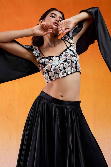 Buy Redpine Designs Black Silk, Viscose, Modal, Crepe Embroidery, Lehenga With Hand Cape Blouse Online at Aza Fashions Buy_Redpine Designs_Black Silk, Viscose, Modal, Crepe Embroidery, Lehenga With Hand Cape Blouse _Online_at_Aza_Fashions