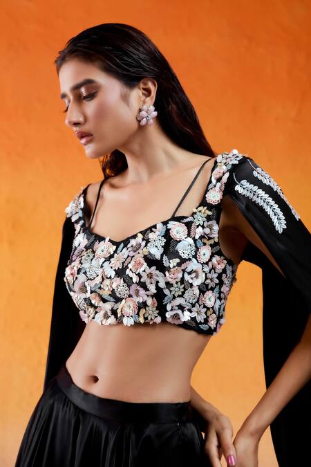Shop Redpine Designs Black Silk, Viscose, Modal, Crepe Embroidery, Lehenga With Hand Cape Blouse Online at Aza Fashions Shop_Redpine Designs_Black Silk, Viscose, Modal, Crepe Embroidery, Lehenga With Hand Cape Blouse _Online_at_Aza_Fashions