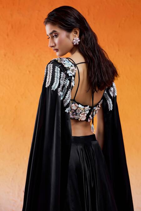 Redpine Designs Black Silk, Viscose, Modal, Crepe Embroidery, Lehenga With Hand Cape Blouse at Aza Fashions Redpine Designs_Black Silk, Viscose, Modal, Crepe Embroidery, Lehenga With Hand Cape Blouse _at_Aza_Fashions