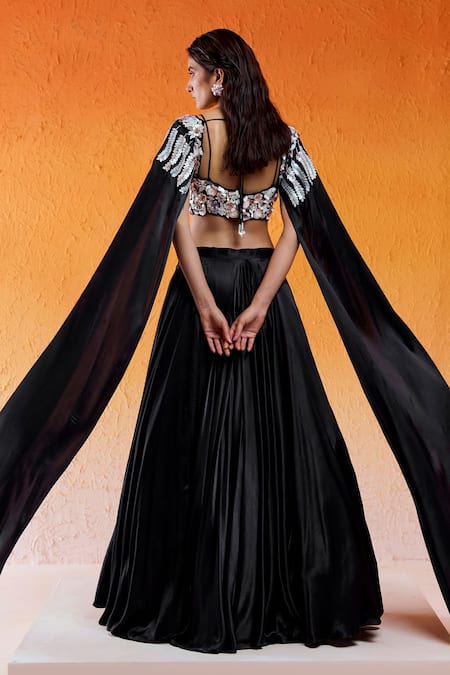 Redpine Designs Black Silk, Viscose, Modal, Crepe Embroidery, Lehenga With Hand Cape Blouse Online at Aza Fashions Redpine Designs_Black Silk, Viscose, Modal, Crepe Embroidery, Lehenga With Hand Cape Blouse _Online_at_Aza_Fashions
