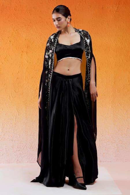 Buy Redpine Designs Black Viscose, Satin Cut Work, Draped Skirt With Hand Embroidered Cape Set Online at Aza Fashions Buy_Redpine Designs_Black Viscose, Satin Cut Work, Draped Skirt With Hand Embroidered Cape Set _Online_at_Aza_Fashions
