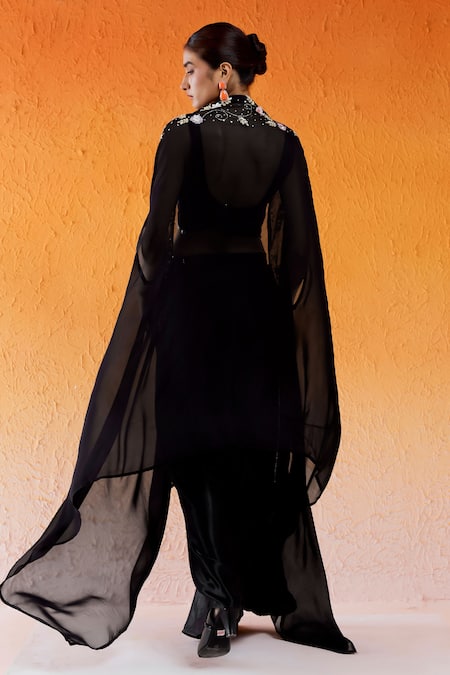 Redpine Designs Black Viscose, Satin Cut Work, Draped Skirt With Hand Embroidered Cape Set Online at Aza Fashions Redpine Designs_Black Viscose, Satin Cut Work, Draped Skirt With Hand Embroidered Cape Set _Online_at_Aza_Fashions
