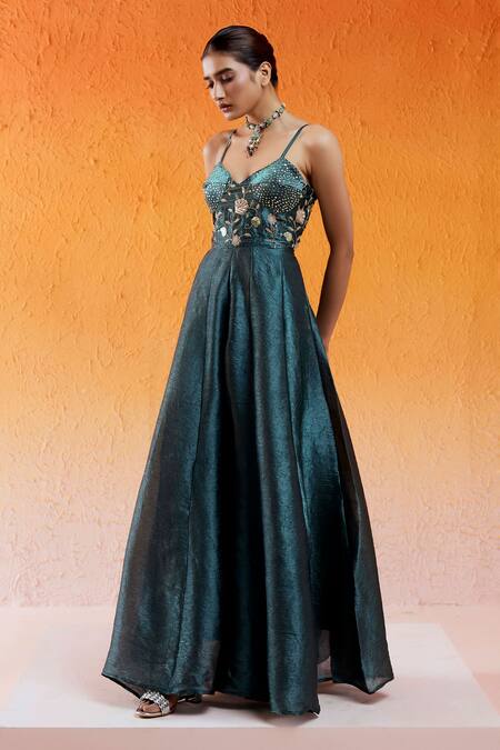 Buy_Redpine Designs_Blue Crepe Embroidery, Sequins V-neck Hand Jumpsuit _Online_at_Aza_Fashions