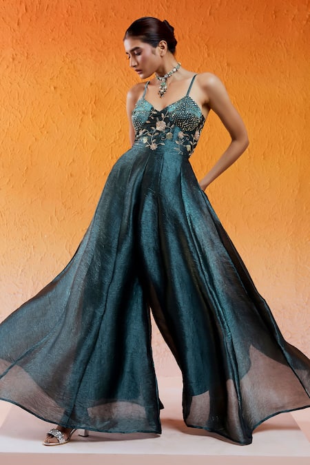 Shop_Redpine Designs_Blue Crepe Embroidery, Sequins V-neck Hand Jumpsuit _Online_at_Aza_Fashions