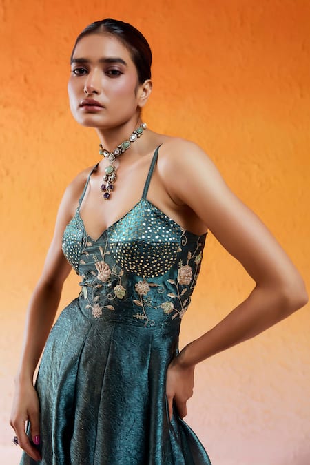 Redpine Designs_Blue Crepe Embroidery, Sequins V-neck Hand Jumpsuit _at_Aza_Fashions