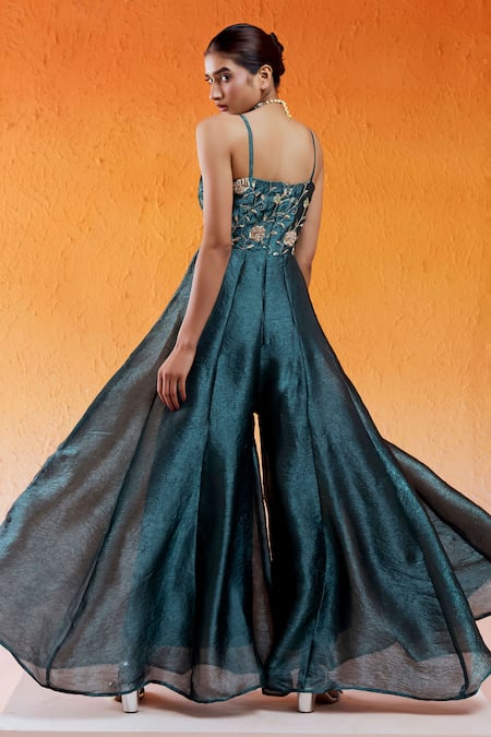 Redpine Designs_Blue Crepe Embroidery, Sequins V-neck Hand Jumpsuit _Online_at_Aza_Fashions