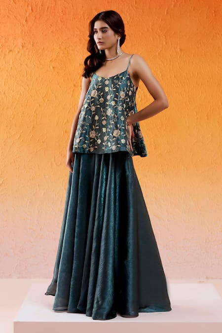 Buy_Redpine Designs_Blue Crepe Cut Work, Embroidery, Sequins Sweetheart Hand Flared Top Sharara Set _Online_at_Aza_Fashions