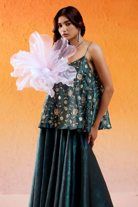 Shop_Redpine Designs_Blue Crepe Cut Work, Embroidery, Sequins Sweetheart Hand Flared Top Sharara Set _Online_at_Aza_Fashions