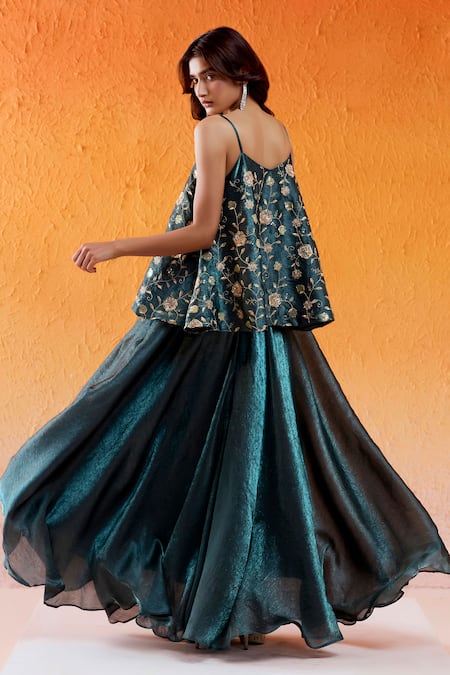 Redpine Designs_Blue Crepe Cut Work, Embroidery, Sequins Sweetheart Hand Flared Top Sharara Set _Online_at_Aza_Fashions