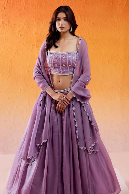Buy Redpine Designs Purple Organza, Crepe, Viscose Cut Work, Sequins, Mirrors, Hand Lehenga Set Online at Aza Fashions Buy_Redpine Designs_Purple Organza, Crepe, Viscose Cut Work, Sequins, Mirrors, Hand Lehenga Set _Online_at_Aza_Fashions