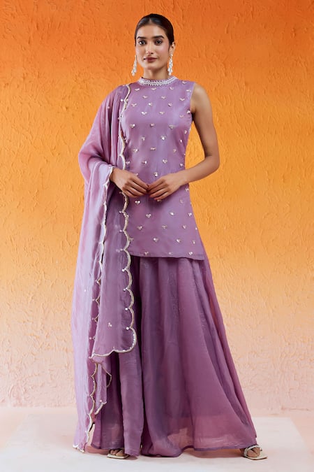 Redpine Designs Purple Crushed Organza Hand Embroidered Cutdana Closed Neck Kurta Sharara Set 