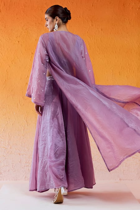 Redpine Designs Purple Organza, Crepe Cut Work, Embroidery V-neck Hand Top Flared Pant Set Online at Aza Fashions Redpine Designs_Purple Organza, Crepe Cut Work, Embroidery V-neck Hand Top Flared Pant Set _Online_at_Aza_Fashions