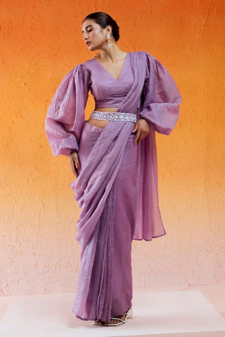 Redpine Designs Purple Crushed Organza Hand Embroidered Cutdana Pre-draped Saree With Belt Set 