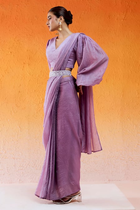 Buy_Redpine Designs_Purple Crepe Embroidery, Zari, Cut Work Pre-draped Saree With Hand Belt Set _Online_at_Aza_Fashions