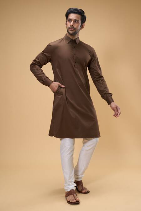 Shop Arihant Rai Sinha Brown Cotton, Chanderi Silk Solid Kurta And Churidar Set Online at Aza Fashions Shop_Arihant Rai Sinha_Brown Cotton, Chanderi Silk Solid Kurta And Churidar Set _Online_at_Aza_Fashions