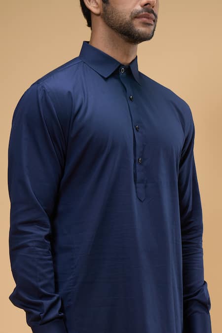 Arihant Rai Sinha_Blue Cotton Plain Kurta And Churidar Set _Online_at_Aza_Fashions