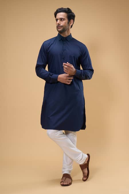 Shop_Arihant Rai Sinha_Blue Cotton Plain Kurta And Churidar Set _Online_at_Aza_Fashions