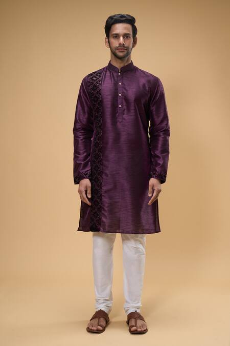 Buy_Arihant Rai Sinha_Wine Silk, Chanderi Embroidery Placement Kurta And Churidar Set _Online_at_Aza_Fashions
