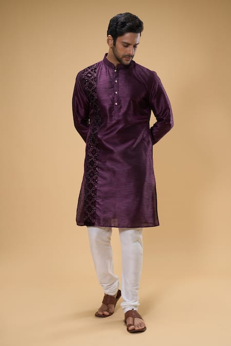 Shop_Arihant Rai Sinha_Wine Silk, Chanderi Embroidery Placement Kurta And Churidar Set _Online_at_Aza_Fashions