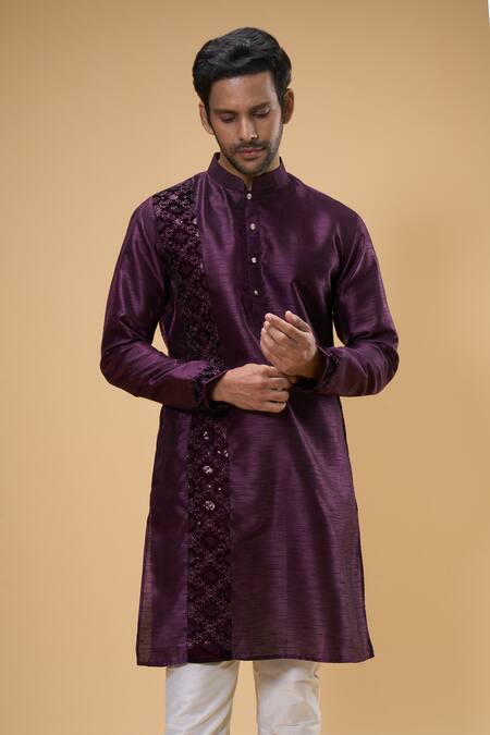 Arihant Rai Sinha_Wine Silk, Chanderi Embroidery Placement Kurta And Churidar Set _at_Aza_Fashions