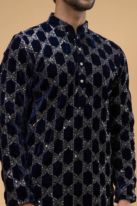 Buy_Arihant Rai Sinha_Blue Velvet, Chanderi Sequins, Embroidery Kurta And Churidar Set _Online_at_Aza_Fashions