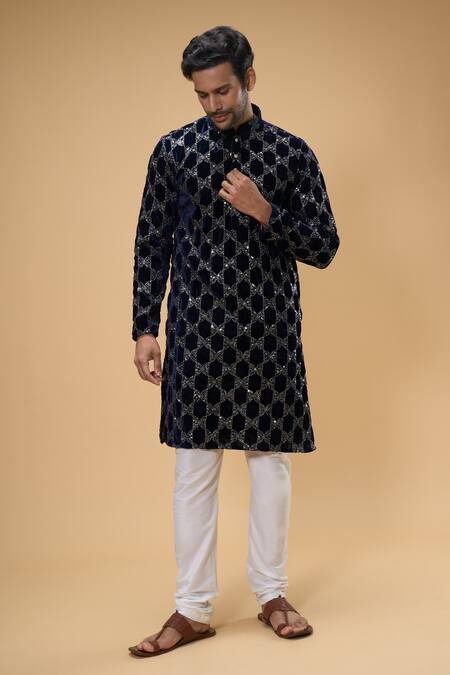 Shop_Arihant Rai Sinha_Blue Velvet, Chanderi Sequins, Embroidery Kurta And Churidar Set _Online_at_Aza_Fashions