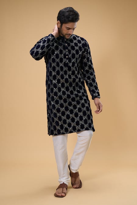 Arihant Rai Sinha_Blue Velvet, Chanderi Sequins, Embroidery Kurta And Churidar Set _at_Aza_Fashions