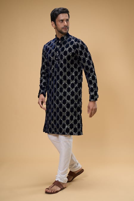 Buy_Arihant Rai Sinha_Blue Velvet, Chanderi Sequins, Embroidery Kurta And Churidar Set 