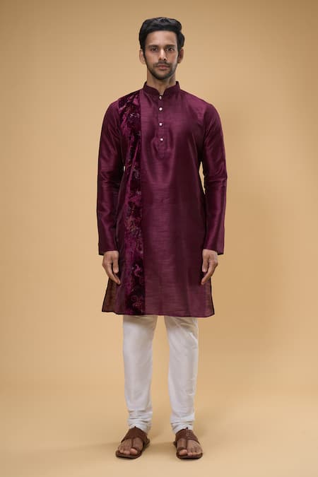 Buy_Arihant Rai Sinha_Maroon Silk, Chanderi Silk, Thread Placement Embroidered Kurta And Churidar Set _Online_at_Aza_Fashions