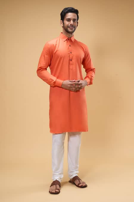 Arihant Rai Sinha Orange Kurta Soft Cotton Solid Collared And Churidar Set