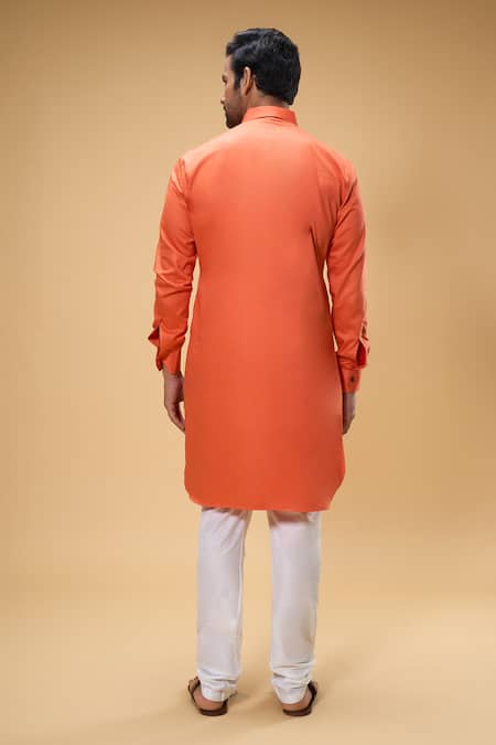 Shop Arihant Rai Sinha Orange Cotton, Chanderi Solid Collared Kurta And Churidar Set at Aza Fashions Shop_Arihant Rai Sinha_Orange Cotton, Chanderi Solid Collared Kurta And Churidar Set _at_Aza_Fashions