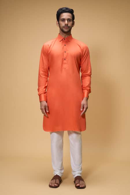 Buy Arihant Rai Sinha Orange Cotton, Chanderi Solid Collared Kurta And Churidar Set Online at Aza Fashions Buy_Arihant Rai Sinha_Orange Cotton, Chanderi Solid Collared Kurta And Churidar Set _Online_at_Aza_Fashions