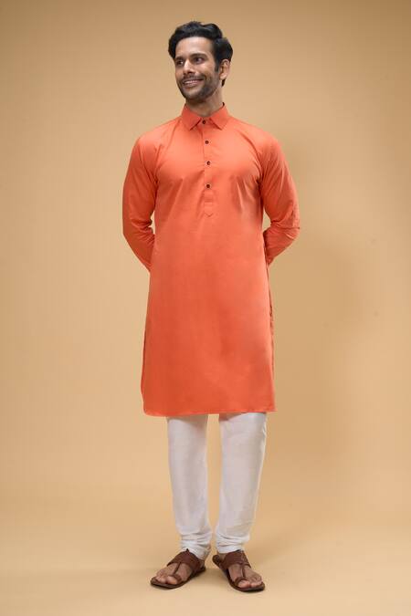 Shop Arihant Rai Sinha Orange Cotton, Chanderi Solid Collared Kurta And Churidar Set Online at Aza Fashions Shop_Arihant Rai Sinha_Orange Cotton, Chanderi Solid Collared Kurta And Churidar Set _Online_at_Aza_Fashions