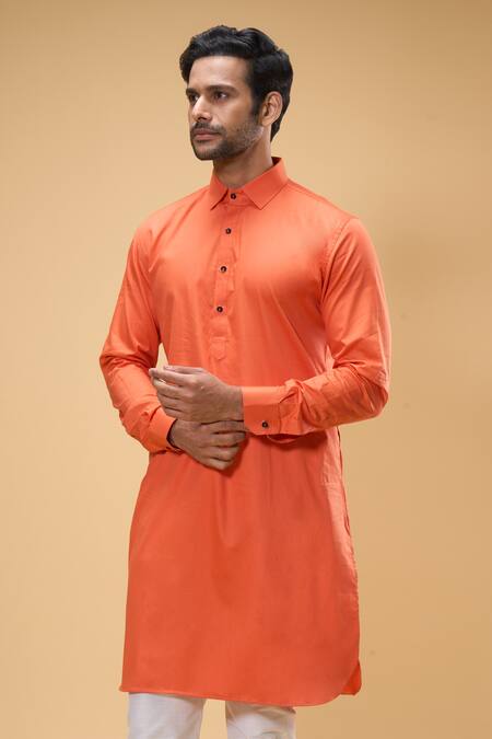 Arihant Rai Sinha Orange Cotton, Chanderi Solid Collared Kurta And Churidar Set at Aza Fashions Arihant Rai Sinha_Orange Cotton, Chanderi Solid Collared Kurta And Churidar Set _at_Aza_Fashions