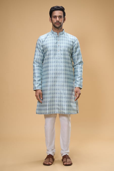 Buy_Arihant Rai Sinha_Blue Jacquard, Chanderi Embroidery Floral Kurta And Churidar Set _Online_at_Aza_Fashions