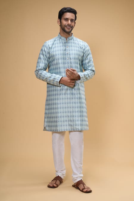 Shop_Arihant Rai Sinha_Blue Jacquard, Chanderi Embroidery Floral Kurta And Churidar Set _Online_at_Aza_Fashions
